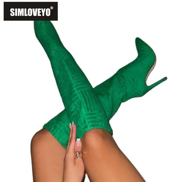 SIMLOVEYO однотонные зеленые бежевые синие весенние слипоны большого размера 34-43 Модные женские сапоги до колена с острым носком на тонком кабл...