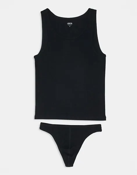 Черный комплект из стрингов и жилета в рубчик ASOS DESIGN