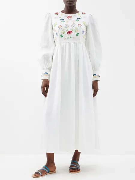 Льняное платье миди emma с грибовидной вышивкой Muzungu Sisters, белый