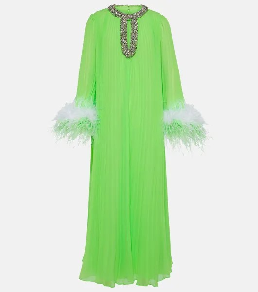Плиссированное шифоновое платье с отделкой перьями Self-Portrait, зеленый