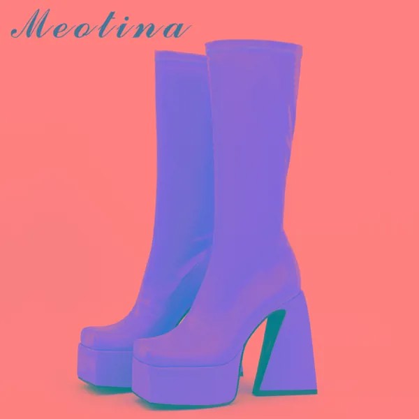 Женские ботинки до середины икры Meotina, полусапожки абрикосового цвета на платформе и высоком массивном каблуке, осенне-зимняя обувь, 45