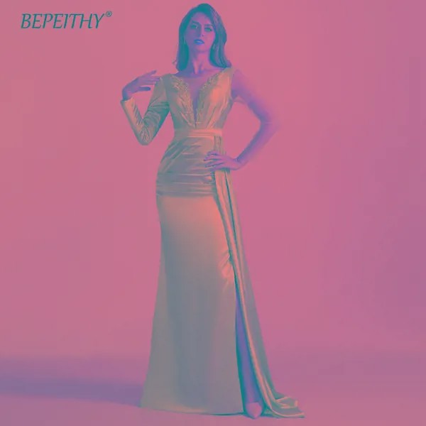 Женское прямое длинное вечернее платье BEPEITHY, официальное платье серого цвета с глубоким круглым вырезом и длинными рукавами, модель 2023