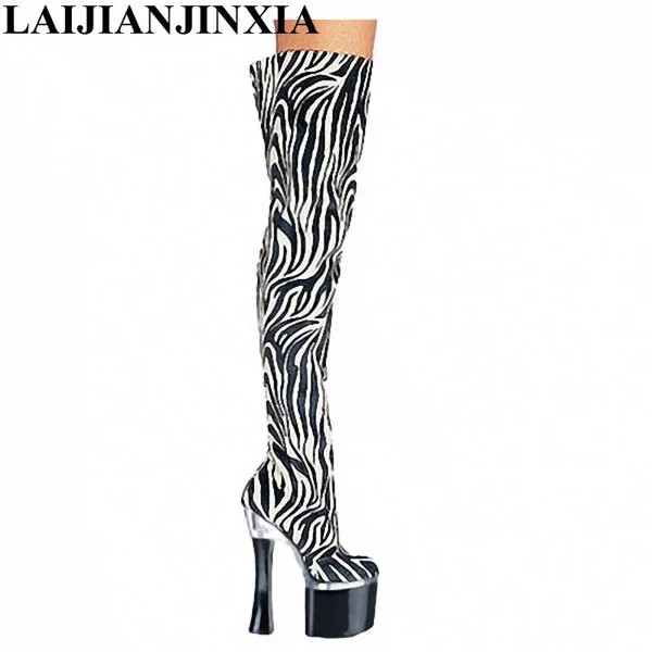 LAIJIANJINXIA/Женская обувь; пикантные ботфорты в полоску с зеброй; удобные модные танцевальные туфли на высоком каблуке 18 см с круглым носком