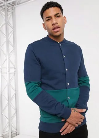 Сине-зеленый трикотажный бомбер на кнопках в стиле колор-блок ASOS DESIGN-Темно-синий
