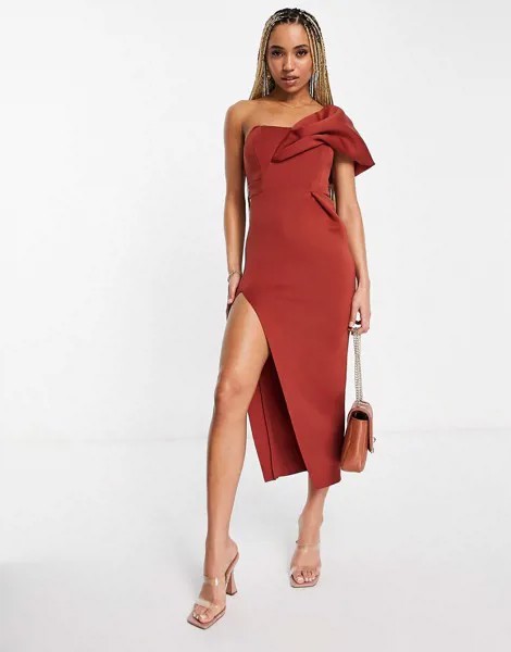 Платье миди на одно плечо со швами на лифе и разрезом на бедре ASOS DESIGN-Красный