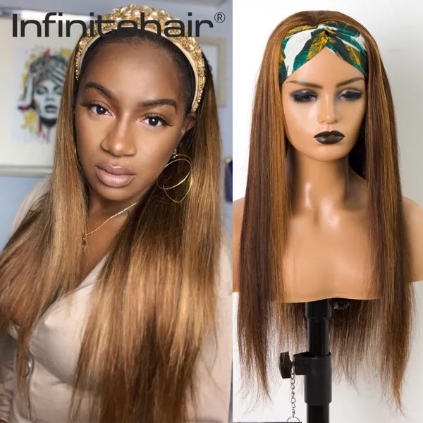 Бразильская прямая повязка на голову без клея шарф Remy человеческие волосы парик для черных женщин для начинающих