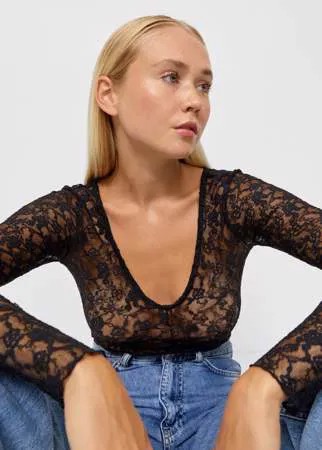 Stradivarius Боди С Кружевной Отделкой Черный M