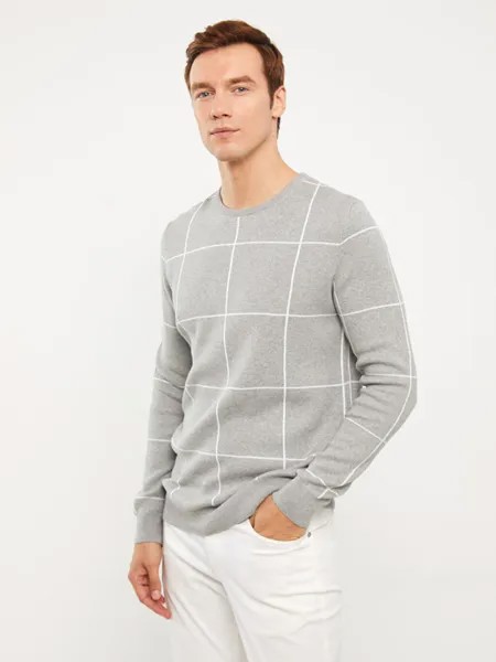 Мужской вязаный свитер в клетку с круглым вырезом и длинными рукавами LCW Vision, серый меланж