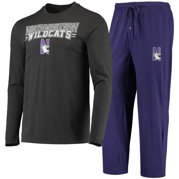 Мужская спортивная футболка и брюки с длинными рукавами и брюками Concepts, фиолетовая/темно-серая Northwestern Wildcats Meter, комплект для сна