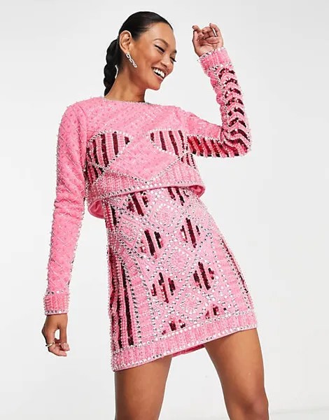 Ярко-розовое платье мини со съемной отделкой и пайетками ASOS DESIGN 2 в 1