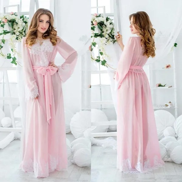 Розовые кружевные свадебные халаты, женская одежда для сна, женское белье для медового месяца, шифоновый халат с длинным рукавом, халат, ночная рубашка, платье в стиле Babydoll, будуар