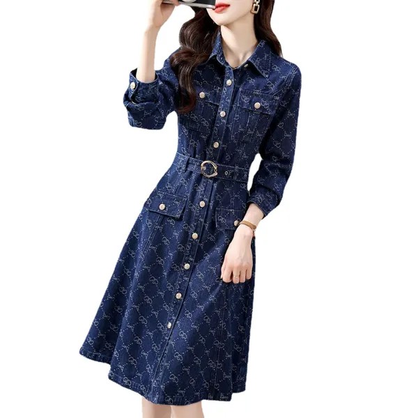 Высококачественное джинсовое платье с принтом Корейская версия 2023 Новинка весна-осень с длинным рукавом для поездок