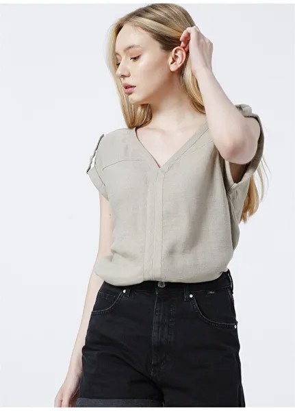 Женская блузка песочного цвета с V-образным вырезом и обычным узором Mavi