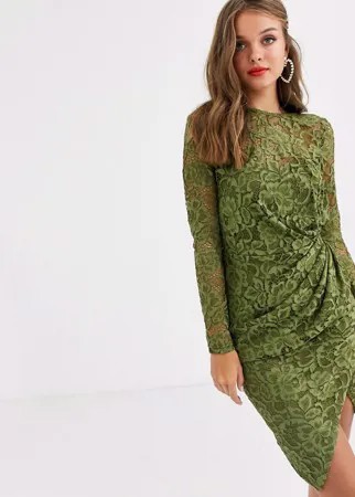 Кружевное платье мини оливкового цвета с длинными рукавами и запахом Paper Dolls-Зеленый