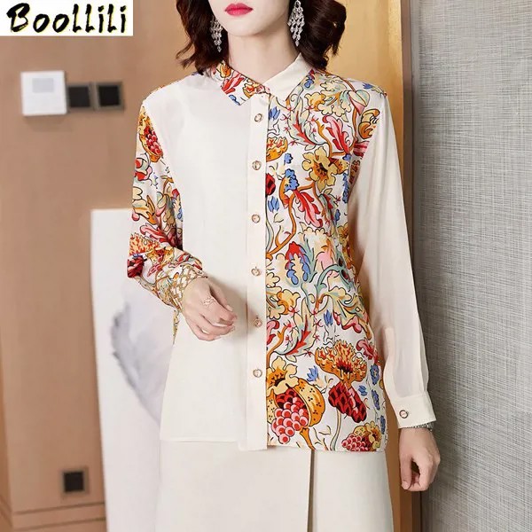 Boollili, рубашки из натурального шелка, Женские топы и блузки, блузка с длинными рукавами, весна-осень, корейская модная одежда, женские блузы