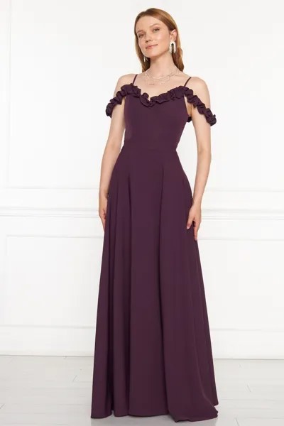 Ткань атлас, регулируемый ремень, оборка, подробный воротник, плиссированное расклешенное вечернее платье макси сливового цвета 421 lovebox, фиолетовый