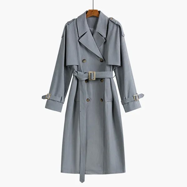 Женский двубортный плащ с поясом, офисное длинное пальто с отложным воротником и длинным рукавом, элегантная шикарная верхняя одежда, LB023