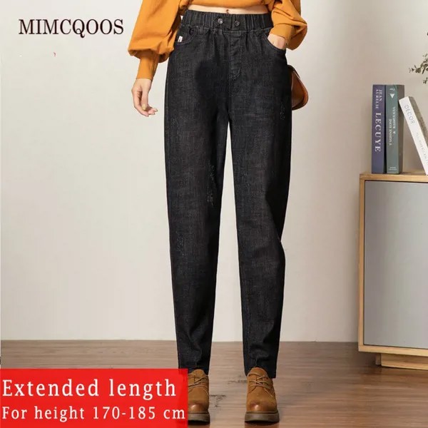 170 высокие штаны для девочек, джинсы с высокой талией, женские черные удлиненные шаровары с эластичной резинкой на талии, корейские винтажны...