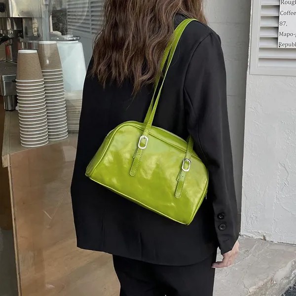 Yogodlns Весна Новая зеленая сумка на плечо для женщин PU Кожаная сумка для подмышек Мода Леди Тотализатор Сумка Твердый цвет Подмышка Сумочка Кошелек