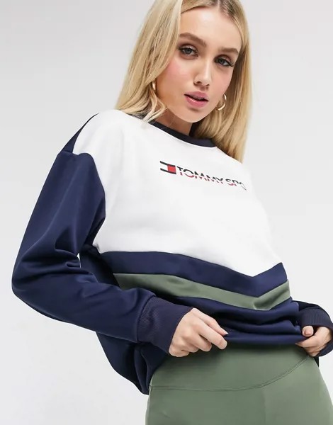 Махровый свитшот в стиле колор блок с круглым вырезом и логотипом Tommy Hilfiger Sport-Темно-синий