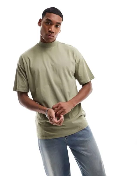 Оверсайз-футболка с высоким воротником New Look светло-хаки