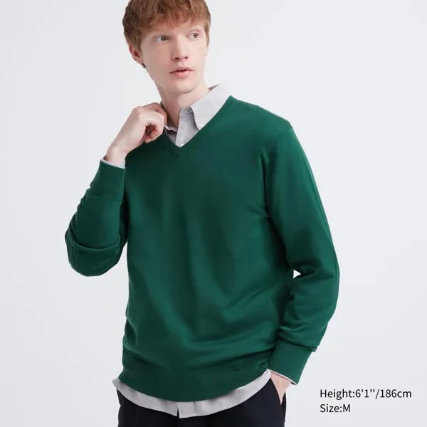 Джемпер из 100% очень тонкой шерсти мериноса с V-образным вырезом Uniqlo, зеленый