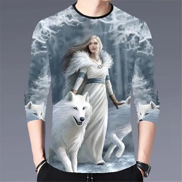 Снежный волк девушка 3D-печать с длинными рукавами с круглым вырезом футболка мужская мода повседневный топ свободный плюс размер одежда M-4XL