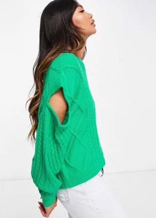 Темно-зеленый свитер с узором «косичка» и вырезами на плечах ASOS DESIGN-Зеленый цвет