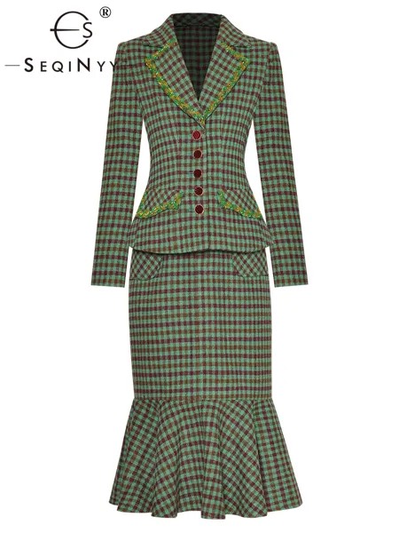 SEQINYY осенне-зимний новый модный дизайнерский женский подиумный уличный пиджак с бисером + юбка-футляр до колена в клетку зеленый винтажный