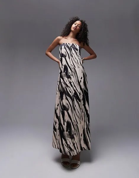 Topshop – Черно-белое атласное платье макси без бретелек с животным принтом =f