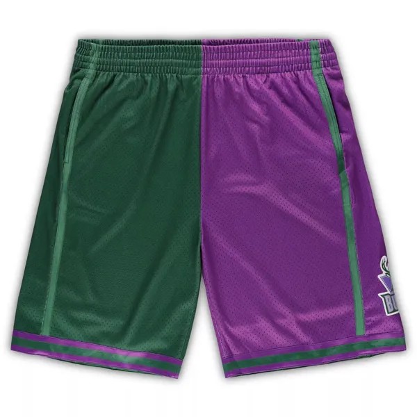 Мужские шорты Mitchell & Ness зеленого/фиолетового цвета Milwaukee Bucks Big & Tall из твердой древесины, классические шорты Swingman с разрезом
