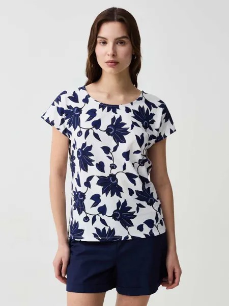 Футболка из хлопка и льна с цветочным принтом Ovs, цвет white/blue