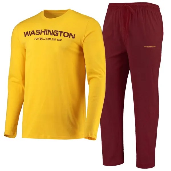 Мужская футболка Concepts Sport бордового/золотого цвета с длинными рукавами и брюками Washington Football Team Meter, комплект для сна