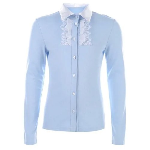 Школьная блуза Снег, полуприлегающий силуэт, на пуговицах, длинный рукав, размер 122-128, голубой, белый