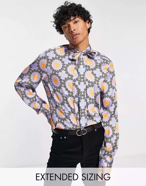 Атласная рубашка с завязывающимся воротником и рукавами-блузонами ASOS с сиреневым плиточным принтом