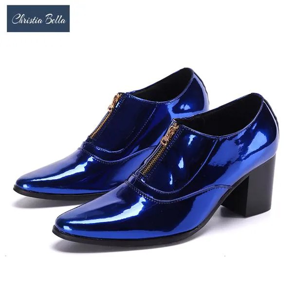 Роскошные Синие мужские лакированные кожаные туфли, заостренный носок, мужские туфли на высоком каблуке, Клубная вечерняя Классическая обувь, танцевальные короткие сапоги