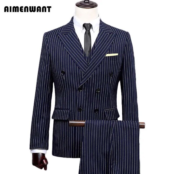 Брендовые костюмы AIMENWANT с широким вырезом для мужчин, облегающий Блейзер, пальто, бразильский полосатый костюм-3 предмета, Свадебный костюм, ...