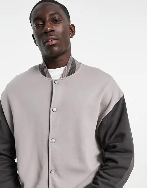 Трикотажная университетская oversized-куртка в стиле колор-блок ASOS DESIGN-Серый