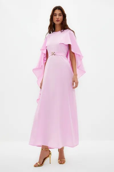 Элегантное тканое вечернее платье сиреневого цвета с поясом и накидкой Trendyol Modest, фиолетовый