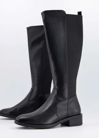 Черные высокие сапоги из искусственной кожи на каблуке и плоской подошве New Look-Черный цвет