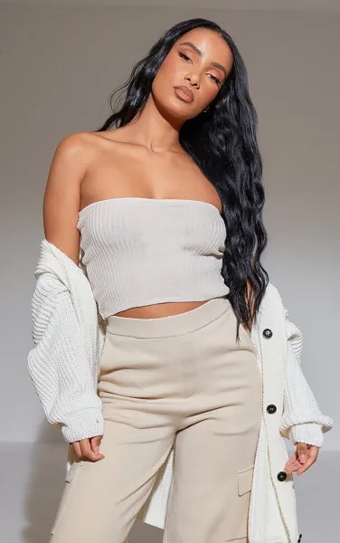 PrettyLittleThing Мягкий трикотажный топ-бандо кремового цвета в рубчик