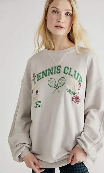 Пуловер с рисунком Free People Over And Out Графический рисунок теннисного клуба Серый Зеленый XS NWT
