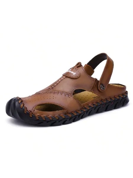 Летние мужские сандалии из воловьей кожи с закрытым носком, коричневый