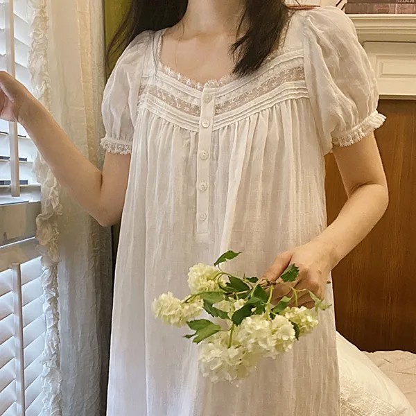 Халат женский с рукавом, Белый Романтический Длинный хлопковый Пеньюар в викторианском стиле, ночная сорочка принцессы, винтажный