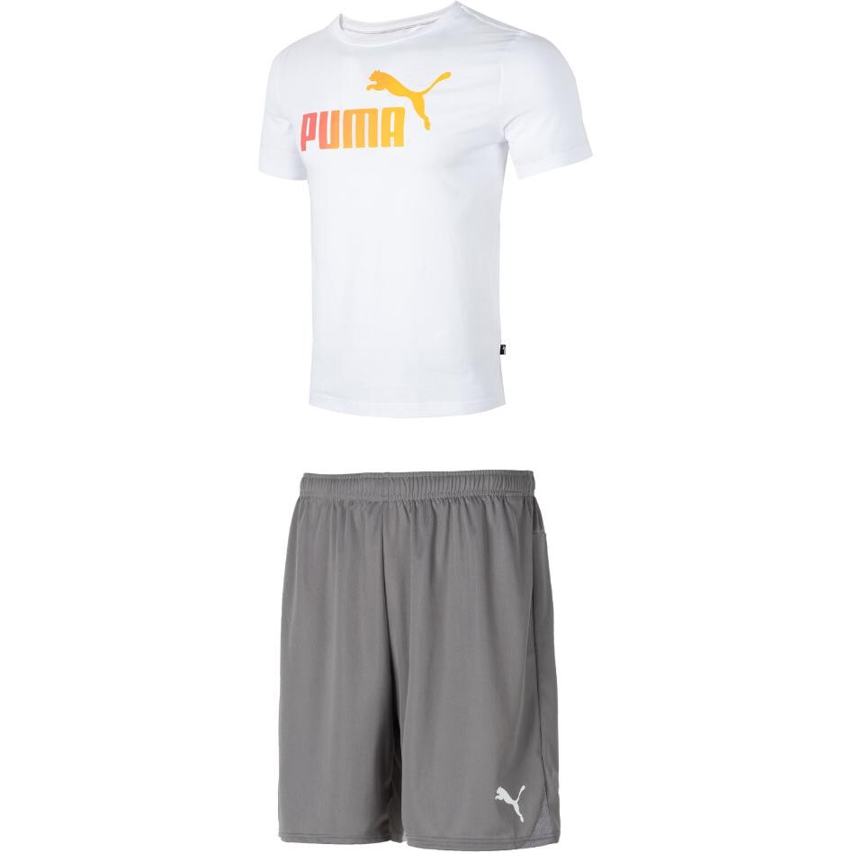 Повседневный спортивный мужской комплект: белый топ + серые шорты Puma, белый