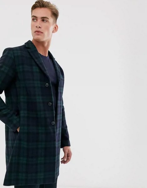 Пальто из переработанной шерсти в клетку Selected Homme-Темно-синий