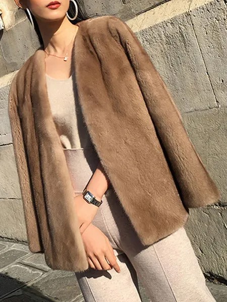 Milanoo Faux Fur Coats For Women Long Sleeves Casual Embellished Collar Khaki Winter Coat