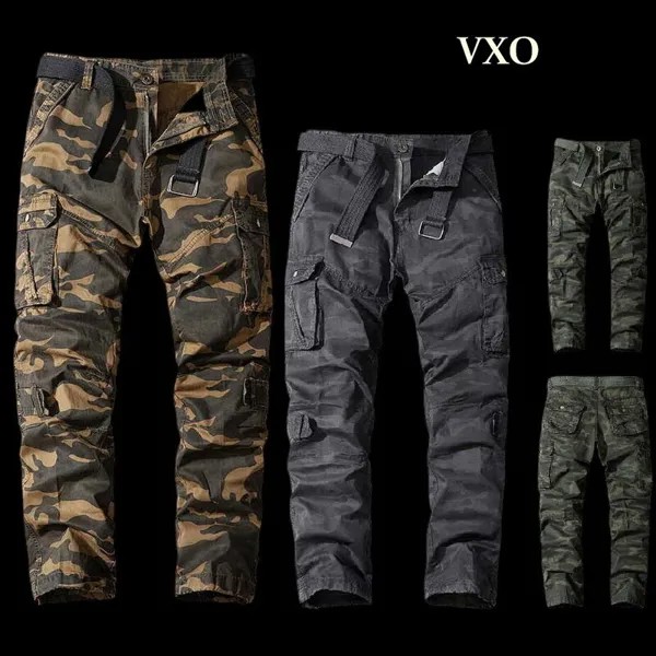 Брюки-карго VXO мужские камуфляжные, хлопок, много карманов, Джоггеры в стиле милитари, уличная одежда, тактические штаны без пояса