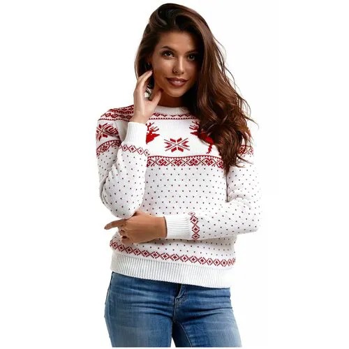 Шерстяной свитер, классический скандинавский орнамент с Оленями и снежинками, натуральная шерсть, белый, красный цвет, размер S