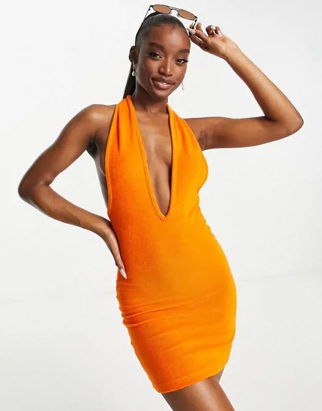 Махровое пляжное платье мини оранжевого цвета с запахом и бретелью через шею New Girl Order-Оранжевый цвет